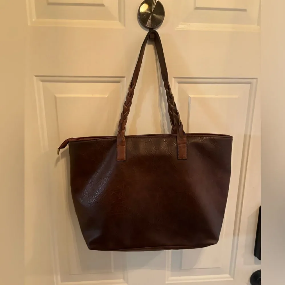 WEIMEIBAIGE LARGE BROWN FAUX LEATHER TOTE BAG